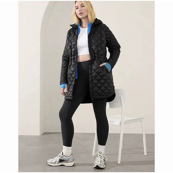 Athleta Whisper Featherless Parka Jacket Women Large Black Hooded Puffer Quilted - Picture 3 of 11